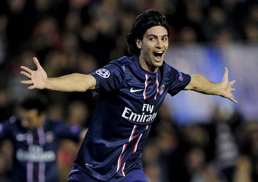PSG's Javier Pastore celebrates after scoring at the Mestalla stadium in Valencia on February 12, 2013
